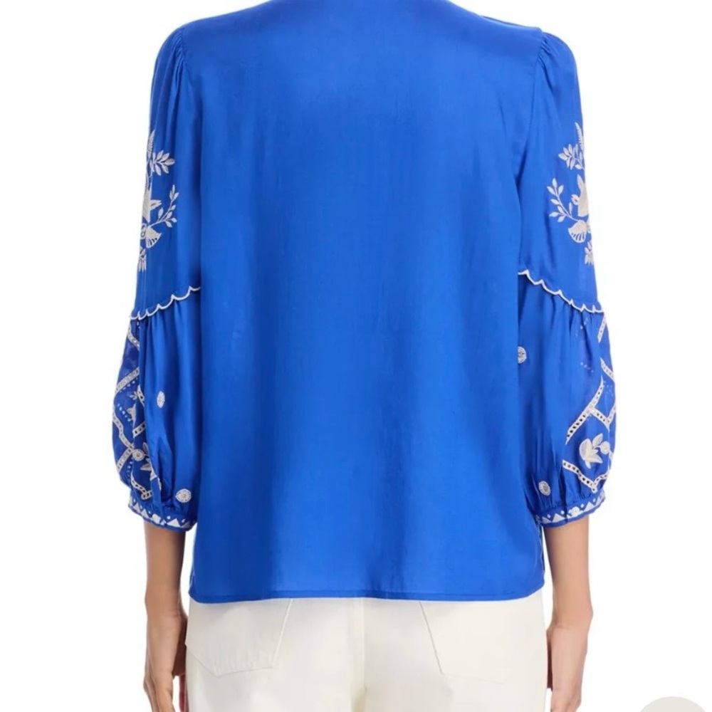 Johnny Was Brynlee Scallop Sleeve Embroidered Blue Women's Blouse - Picture 2 of 10